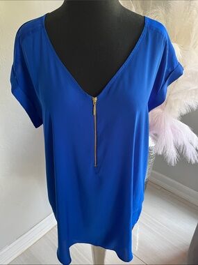 Express Royal Blue V-Neck Zip Front Blouse